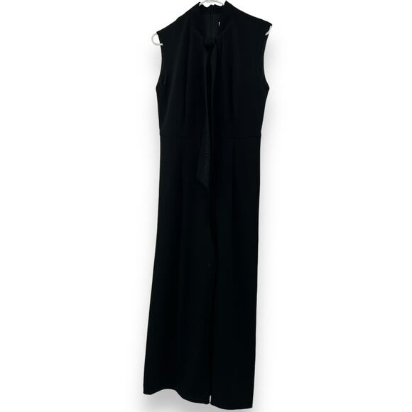 Calvin Klein Black Stretch jumpsuit Tie Neck Pockets Size 10 Wide Leg EUC - Picture 3 of 11
